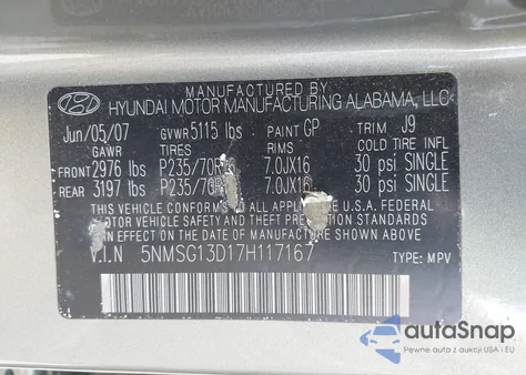 2007 Hyundai Santa Fe Gls from USA, damaged, VIN 5NMSG13D17H117167